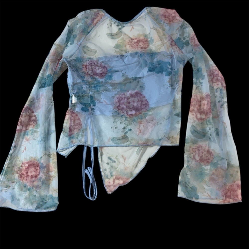 Cider Sky‎ Blue Floral Mesh Sheer Top Long Sleeve Romantic Cottagecore Y2K